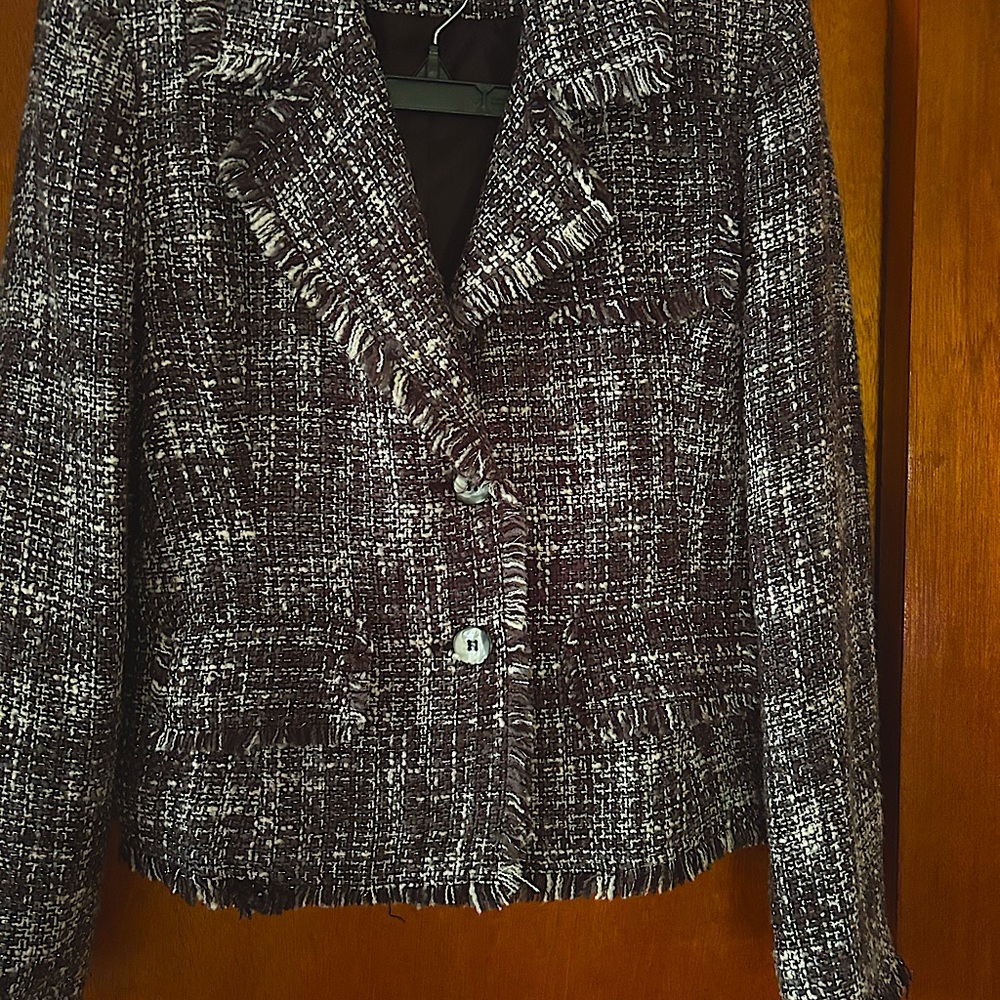 Tweed Gray, Black and Silver Suit. Jacket size 8. Skirt size 6.